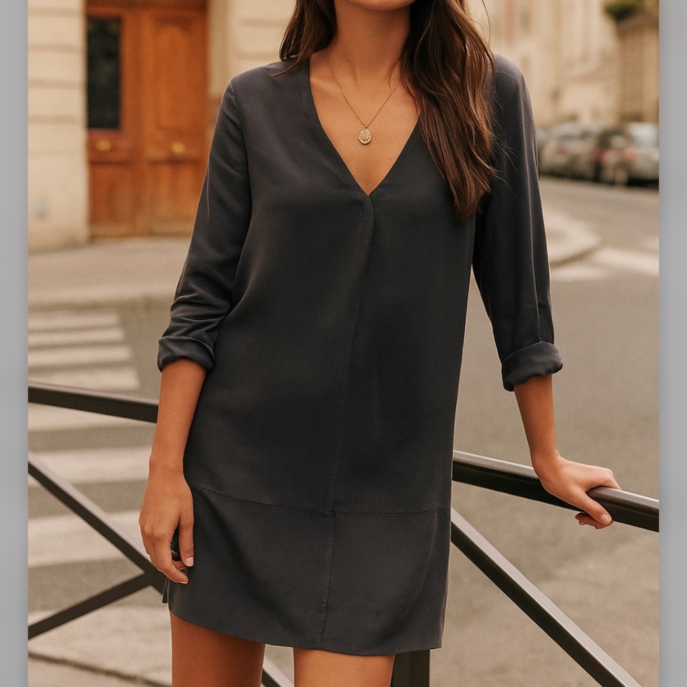 Rory beca 100% silk tunic mini dresss L v neck long sleeve